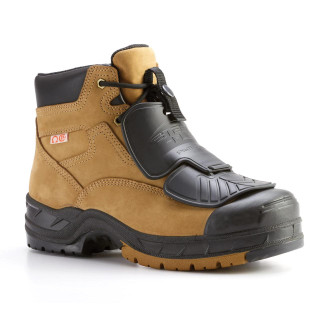 STLFLX SteelFlex MetGuard Protection Metatarsal Lace Boot Protector - 1 Pair, Black plastic metatarsal guard attached to the toe area of a tan work boot.
