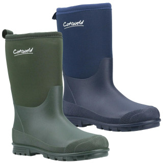 Cotswold Hilly Boys Girls Infants/Junior Neoprene Wellington Boots, waterproof rubber boots for children in green and navy blue with cushioned soles and adjustable height.
