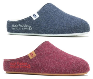 Hush Puppies The Good Slipper Womens Slip On Cushion Foam Mule Slipper, blue and pink felt slip-on slippers with cushioned soles and logo details.