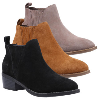 Hush Puppies Isobel Womens Casual Smart Chelsea Pull On Ankle Boots, set of three suede ankle boots in black, tan, and blush pink colors with elastic side panels and low block heels.