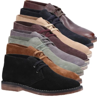 Hush Puppies Samuel Mens Desert Chukka Leather Comfort Ankle Boots, set of multiple colored leather ankle boots arranged in a row.