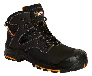 JCB Backhoe Mens Composite Toe Midsole S3 Safety Work Ankle Boots, black work boot with orange accents, durable construction, reinforced toe, and slip-resistant sole.