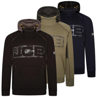 JCB Horton Mens Trade Work Pull Over Sweat Shirt Hoodie, three color options in black, green, and navy with large logo on front and adjustable drawstring hood.