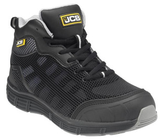 JCB Hydradig Mens Steel Toe Midsole S1P Safety Work Ankle Boots, black safety work boot with mesh upper, steel toe cap, and rugged rubber sole designed for protection and durability.