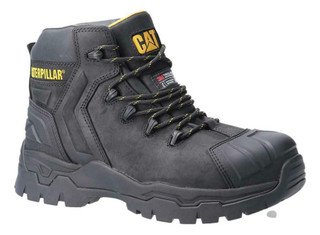 Caterpillar Everett Mens S3 WP Non-Metallic Toe Safety Work Boots, black work boots with waterproof leather, rugged sole, and yellow CAT branding.