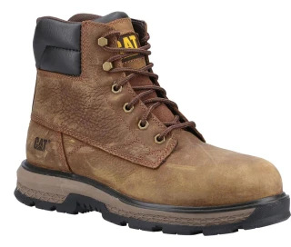Caterpillar Exposition 6" Mens Steel Toe Cap Work Safety Boots, brown leather work boot with black padded collar and durable rubber sole for industrial safety.