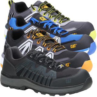 Caterpillar Charge Mens S3 Safety Composite Toe/Midsole Work Trainers, three pairs of safety work trainers with durable design, athletic style, padded collar, and slip-resistant soles.