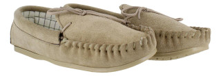 Northamptonshire Slipper Co. Womens Real Suede British Made Slippers, beige suede slippers with lace-up design and comfortable interior lining.