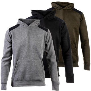 Caterpillar Essential Mens Work Pullover Sweat Shirt Hoodie, gray, black, and olive green color options with front pocket, ribbed cuffs, and drawstring hood.