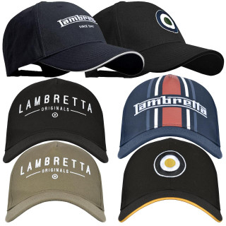 Lambretta Original Classic Logo Target Baseball Cap, collection of five caps featuring various designs, colors, and embroidered logos of Lambretta.