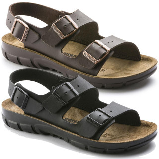 Birkenstock Kano Birko Flor Mens Work Kitchen Garden Sandals - Regular Width, Pair of black and brown sandals with adjustable straps, supportive cork footbed, and slip-resistant outsole.
