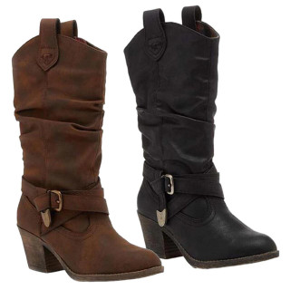 Rocket Dog SideStep Womens Tall Cowboy Western Pull On Boots, pair of stylish cowgirl boots in brown and black leather with buckled straps and stacked heels.