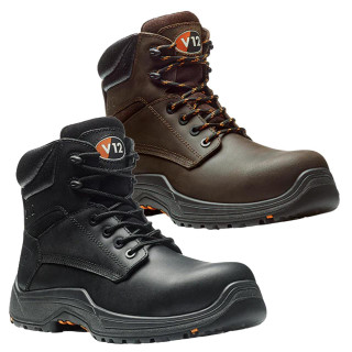 V12 Bison Mens Safety Work Composite Toe Midsole S3 Ankle Boots, pair of sturdy safety boots with composite toe protection, midsole support, and ankle-high design for industrial safety in black and brown colors.
