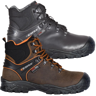 Cofra Ande Mens Composite Toe Midsole Safety Work Boots, pair of black and brown waterproof work boots with reinforced toe and midsole for safety.