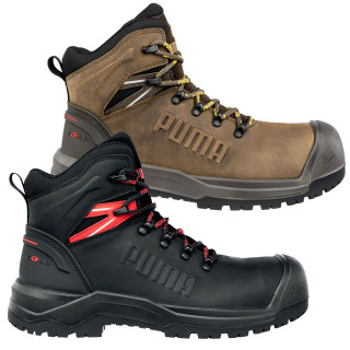 PUMA Safety PUMA Iron HD MID Mens Composite Toe Midsole S3 Work Safety Boots, pair of rugged men's work safety boots in black and brown with durable construction and safety features.