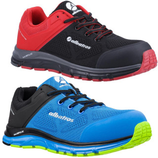 Albatros Lift Impulse Mens Composite Toe Midsole Work Trainers, pair of black and red, and blue and neon green athletic work shoes with durable mesh fabric, cushioned midsoles, and safety composite toes designed for industrial and construction work.