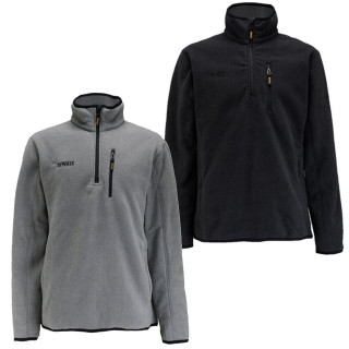DeWalt 1/4 Mid Layer Work Warm Hooded Fleece Jumper, two fleece hooded jumpers in grey and black colors with quarter zip fronts and high collar design.
