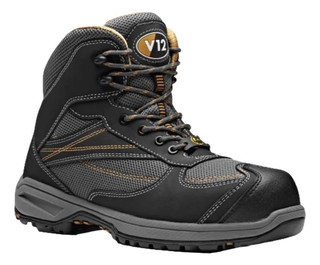 V12 Torque Mens Work Composite Toe Midsole S1P Safety Ankle Boots, black and grey industrial safety boots with durable design and protective features.