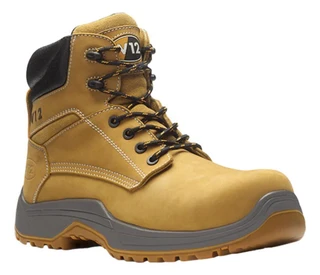 V12 Puma Mens Lace Up Safety Work Composite Toe Midsole S3 Ankle Boots, yellow and black leather work boots with rubber sole and safety features