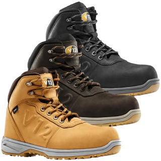 V12 Lynx Mens Leather S3 Composite Toe Midsole Work Ankle Boots, pair of black, brown, and tan work boots with sturdy leather uppers, lace-up closure, and rugged slip-resistant soles