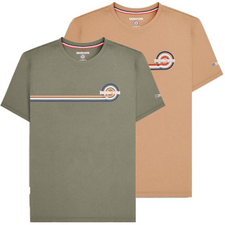 Lambretta Mens Classic Retro Stripe Logo Mod Ska Casual T-Shirt, two unisex t-shirts featuring retro stripes and Lambretta logo in different colors, casual style.