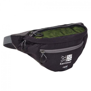 Karrimor Mens Raid 2 Zip Up Adjustable Walking Waistpack Bumbag, black with grey and green accents, featuring multiple zippered compartments for outdoor activity essentials.