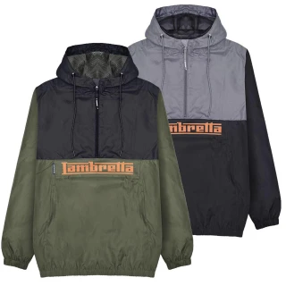 Lambretta Mens Classic Overhead Scooter Showerproof Hooded Jacket, two jackets in black and grey with green accents, featuring a hood and large front pocket with Lambretta logo.