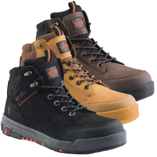 Scruffs Switchback 3 Mens Safety S3 Steel Toe/Midsole Work Ankle Boots, travel footwear with steel toe cap and midsole for protection, in black, brown, and tan colors.