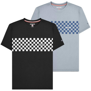 Lambretta Mens Classic Retro Two Tone Panel Mod Ska T-Shirt, image of two t-shirts featuring checkered panel design in black and white and blue and grey colors.