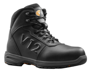 V12 Hyrax Mens Vegan S3 Composite Toe Midsole Work Ankle Boots, black safety work boots with laces and reinforced toe, designed for durability and safety in industrial environments.