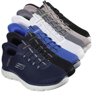 Skechers Summits High Range Slip-Ins Men's Casual Smart Trainers, a collection of men's slip-on sneakers in various colors including navy blue, black, white, grey, beige, and black with different textured and breathable fabric designs.