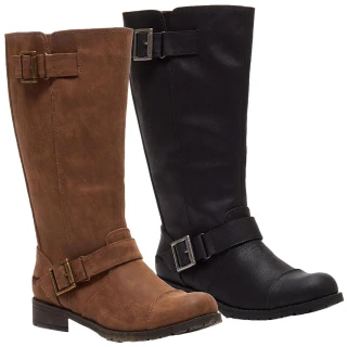 Rocket Dog Berry Womens Tall Zip Up Mid Calf Biker Buckle Boots, pair of stylish riding boots with buckle details, one in tan and one in black, designed for women.