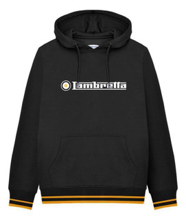 Lambretta Mens Logo Target Classic Pull Over Hooded Sweat Hoodie, black hoodie with Lambretta logo on the front and yellow stripe details on the cuffs and hem.