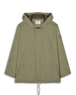 Lambretta Mens Military Parka MOD SKA Jacket Coat, Olive green casual military-style parka with a hood, front snap buttons, side pockets, and embroidered patches on the sleeve.