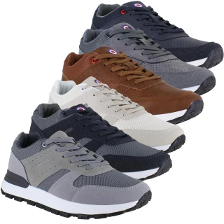 Lambretta Echo Mens Casual Smart Memory Foam Trainers, collection of five color options including black, beige, brown, gray, and navy blue sneakers with stylish design and comfortable memory foam insoles.