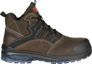 Cofra Goya Mens Composite Toe Midsole Safety Leather Work Boots, sturdy brown and black work shoes with reinforced toe caps, leather upper, and slip-resistant sole.