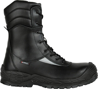 Cofra Off Shore Mens S3 Composite Toe Zip Up Safety Work Boots, black leather construction with reinforced toe and ankle support, rubber outsole for slip resistance.
