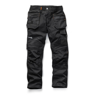 Scruffs Trade Flex Trouser Mens Codura Stretch Workwear Trousers, black professional work trousers with multiple pockets, zippers, and reinforced knees, designed for durability and flexibility.