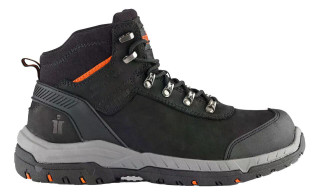 Scruffs Sabatan Mens Safety Composite Toe Midsole Work Ankle Boot, black and gray work boot with durable leather upper, sturdy sole, and safety features for industrial work environments.