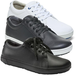 Birkenstock QO 500 Mens/Womens Microfibre Nursing Work Shoes - Regular, image of three pairs of black and white casual work shoes for men and women with laces and cushioned soles.