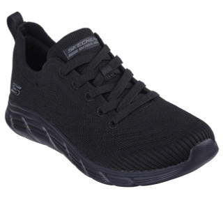 Skechers Bobs BFlex Lo Grace Stride Womens Lace Up Trainers, black athletic casual sneakers with breathable mesh upper and cushioned sole for comfortable walking.
