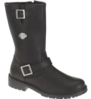 Harley-Davidson Randy 12" Men's Leather Zip Up Biker Ankle Boots, black leather motorcycle boots with buckle details and Harley-Davidson logo.