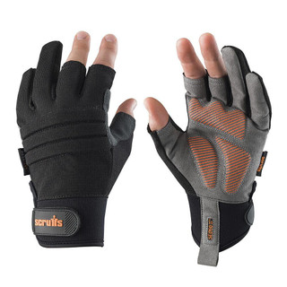 Scruffs Trade Precision Mens Work Padded Palm Gloves, black and gray protective work gloves with padded palms and finger protection for manual labor.
