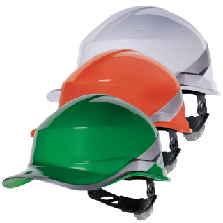 Delta Plus Delta-Plus Diamond V Baseball Safety PPE ABS Helmet, three helmets in green, orange, and white with adjustable straps and protective visors.