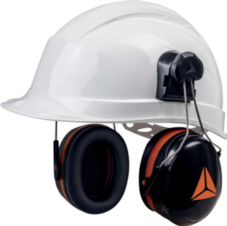 Delta Plus Delta-Plus Magny 2 Ear Muff Defender Safety PPE ABS Helmet, white safety helmet with attached earmuffs for hearing protection.