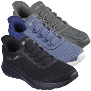 Skechers Bobs Squad Chaos Tough Walk Mens Slip-Ins Casual Trainers, three pairs of sporty slip-on sneakers in black, blue, and gray with cushioned insoles and durable outsole for comfortable walking.