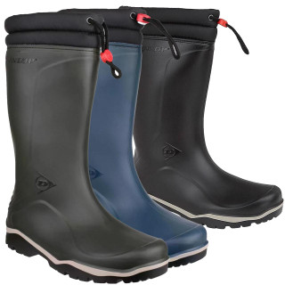 Dunlop Blizzard Mens Pull On Rubber Tall Wellington Wellie Boots, waterproof black, blue and dark gray rubber rain boots with pull-on design and slip-resistant soles.