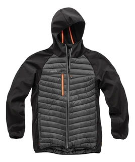 Scruffs Mens Trade Thermo Jacket Zip Up Work Warm Hooded Jacket Coat, black and gray insulated work jacket with hood and orange accents for outdoor work.