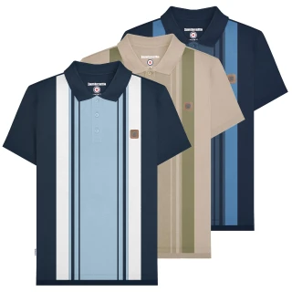 Lambretta Mens Vintage Classic Mod Ska Casual Smart Polo, set of three men's striped polo shirts with collared necks and button-up fronts in blue, beige, and navy colors.
