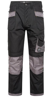 JCB Trade Plus Rip Stop Mens Multi-Pocket Cargo Work Trade Trousers - Regular Leg, black and grey work trousers with multiple pockets and reinforced knee patches for durability.